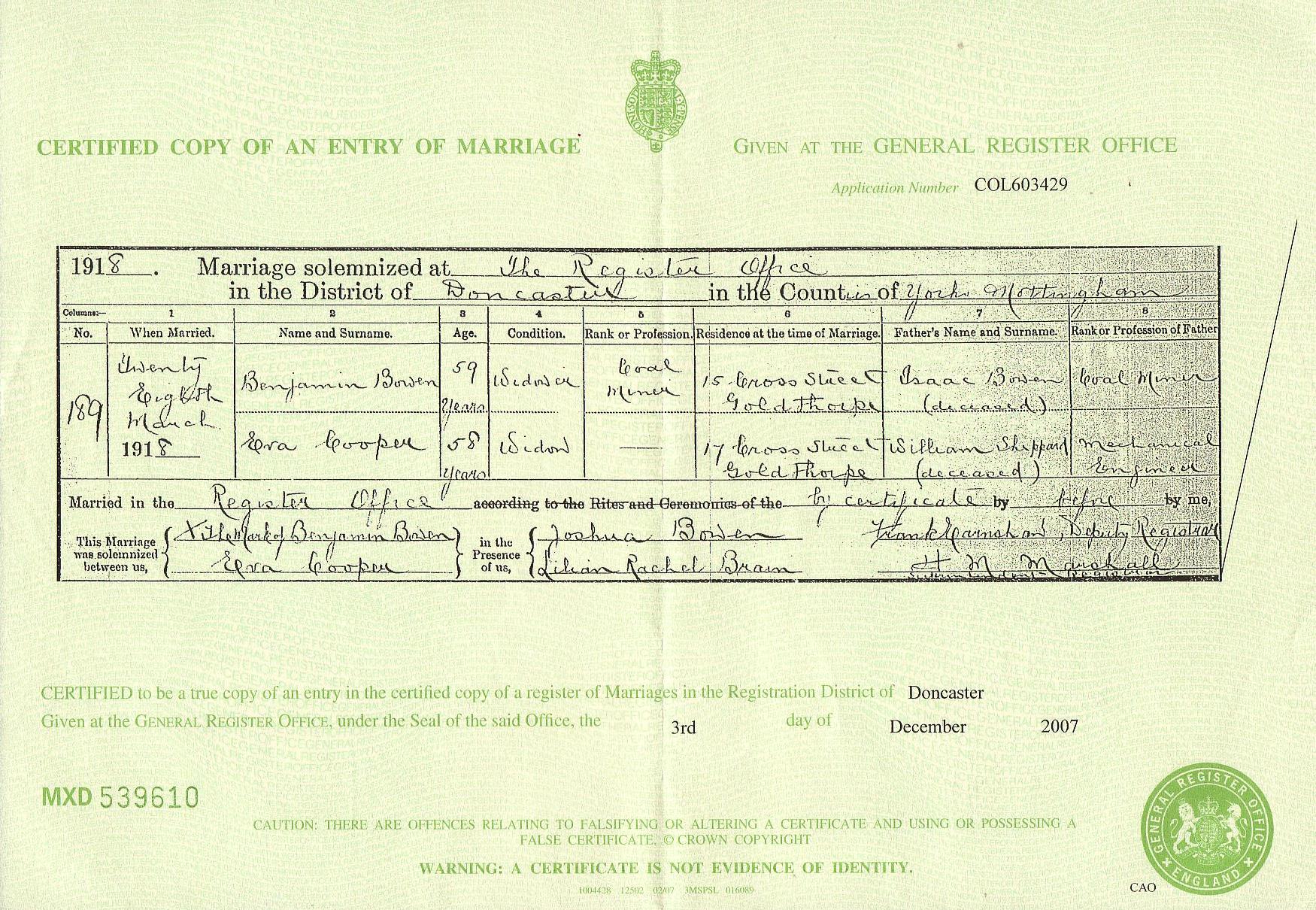 2nd marriage of Eva Shepherd (cooper) and Benjamin Bowen