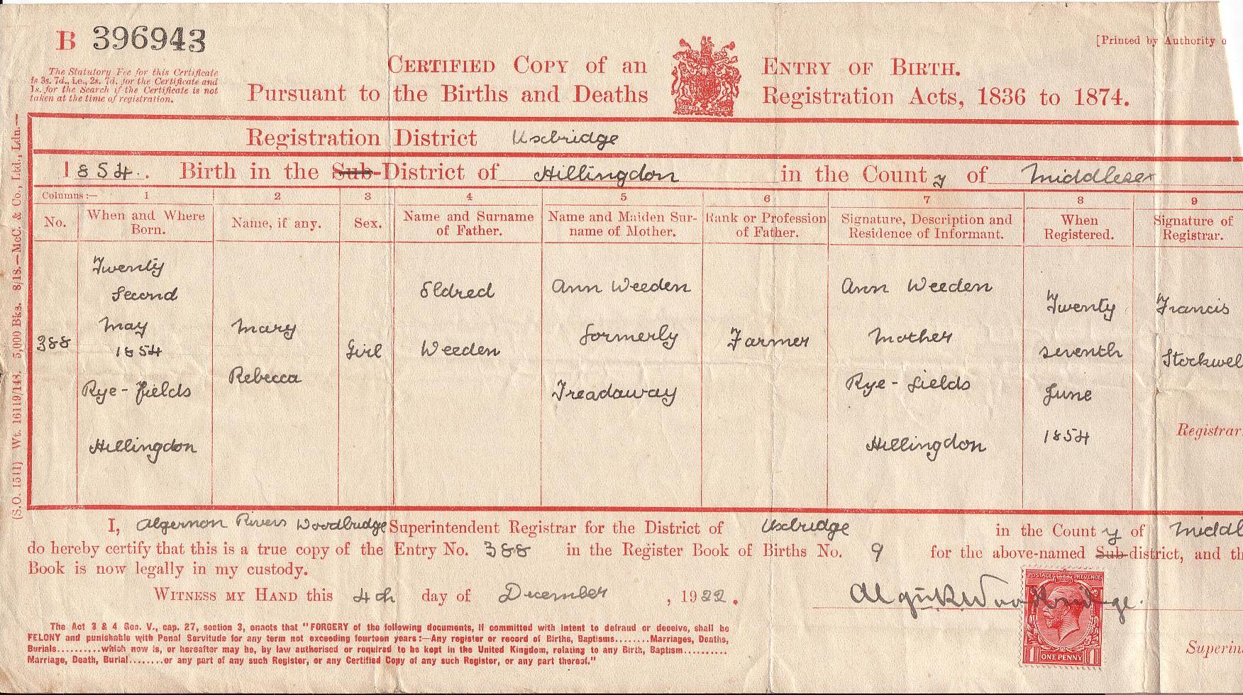 Birth certificate for Mary Rebecca Weeden