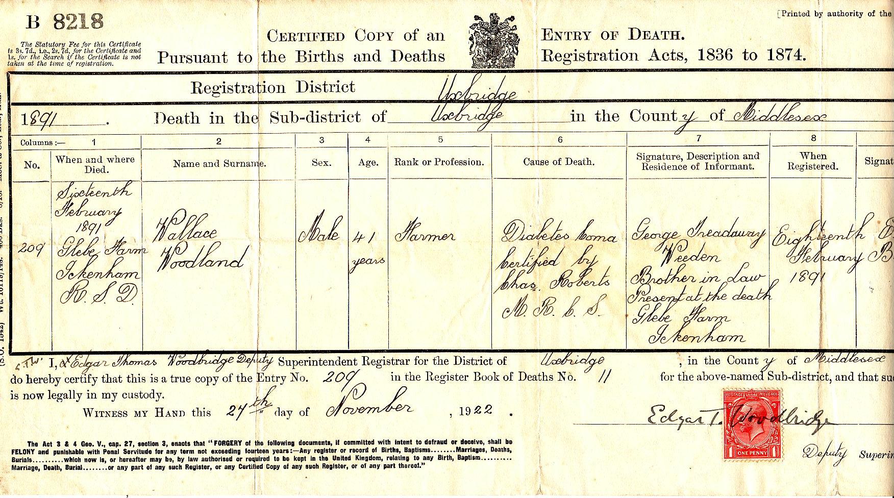 Death certificate for Wallace Woodland